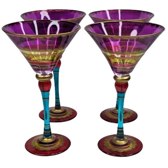 4 Pier 1 Festive Martini Glasses Blown Colorful Purple Stripe Gold Accent 8" Set - Picture 6 of 14